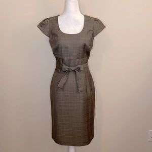 Calvin Klein, taupe and blue glen plaid, cap sleeve, knee length dress, size 4.